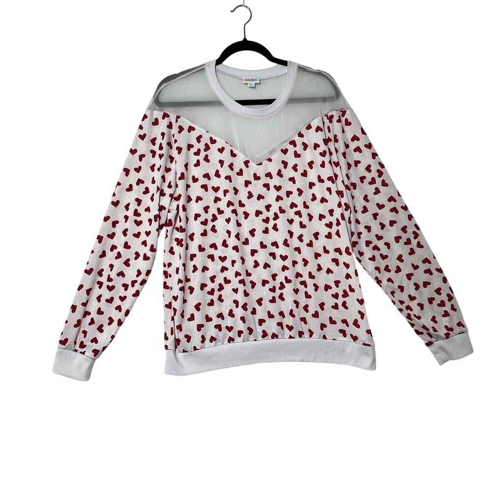 LULAROE Lizzy Top Women 2XL White Red Hearts Mesh Yoke Long Sleeve Valentine